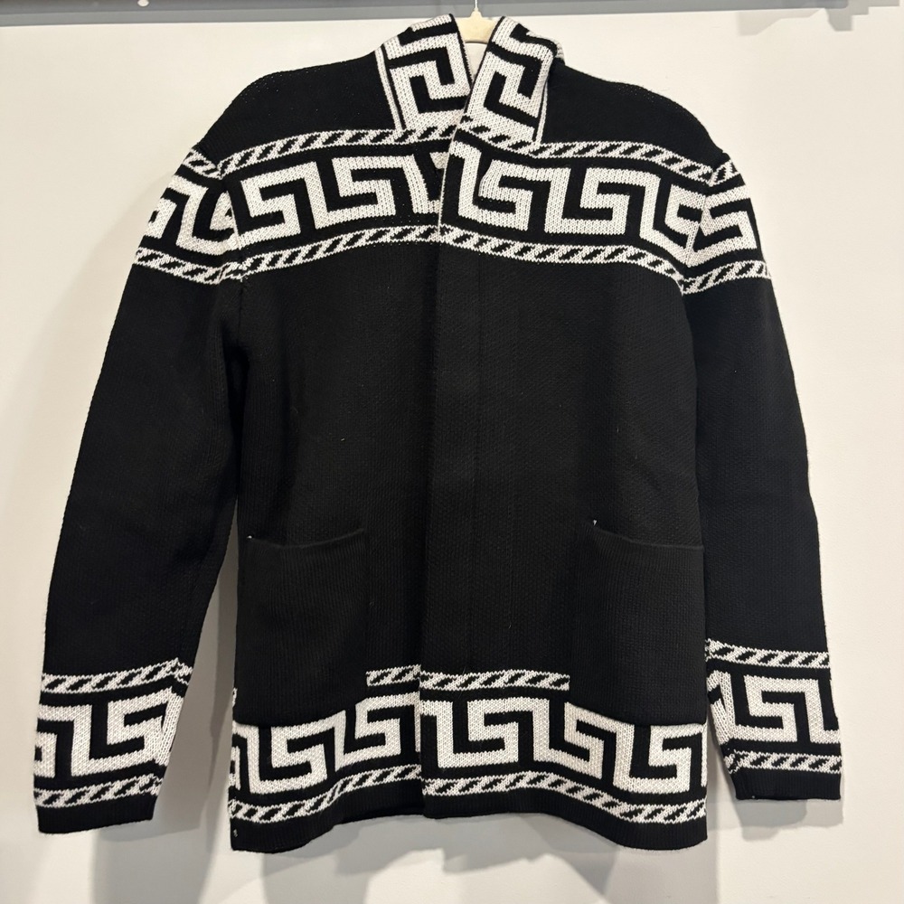 Black Pharaoh Mens Hooded Jacket Medium Greek Key Wool Blend Zip Up Urban 21399